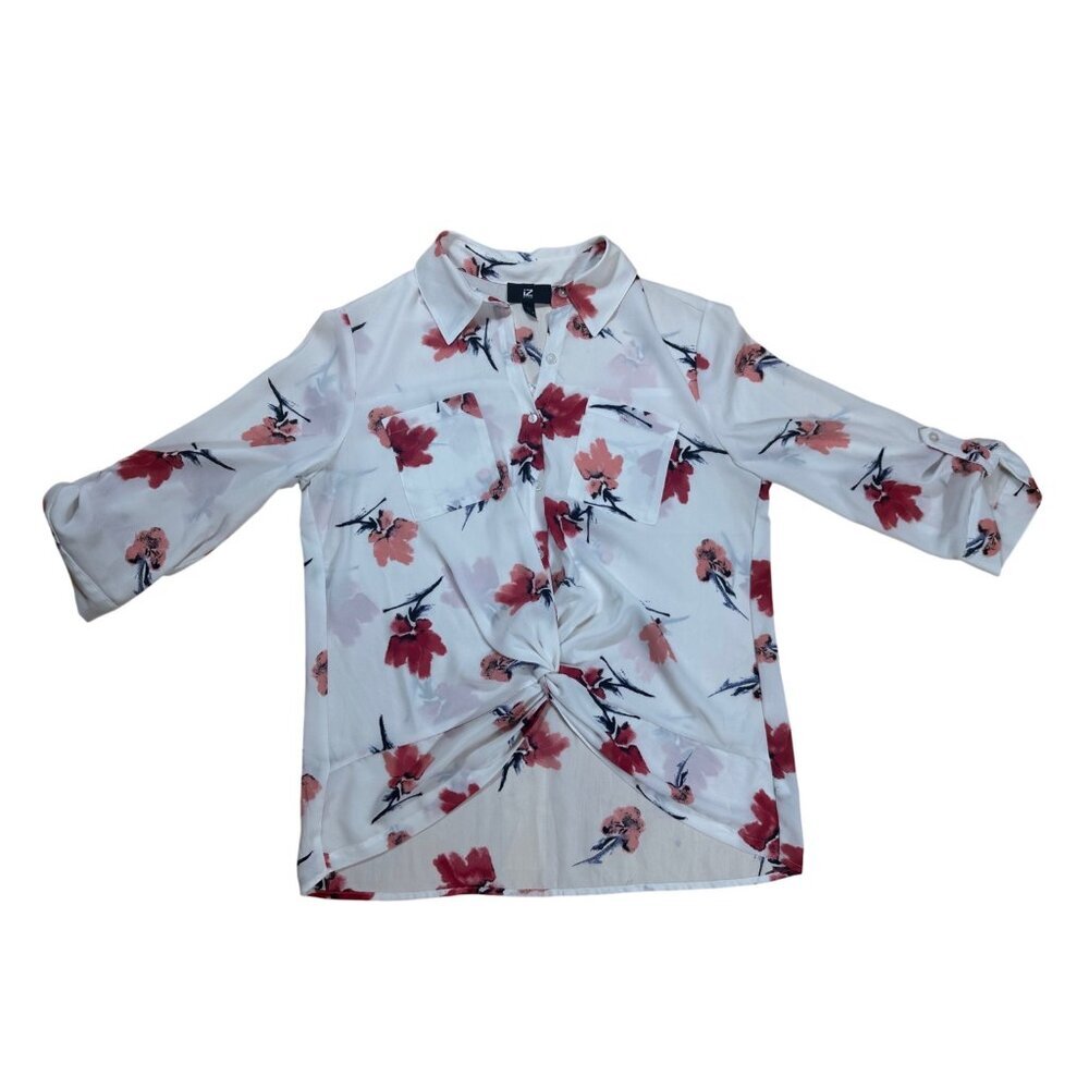 iZByer White with Rose & Red Floral Button up Hi-low Blouse with Twist Front Siz